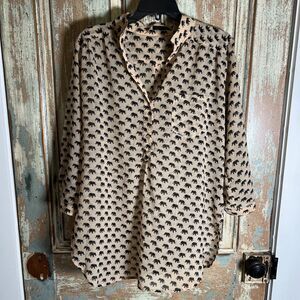 CALS Womens Sheer Elephant Print Blouse 3/4 Sleeve Black & Tan See Measurements